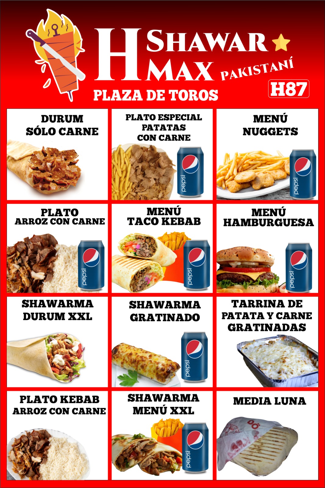 Carta menu shawarma y kebabs Granada